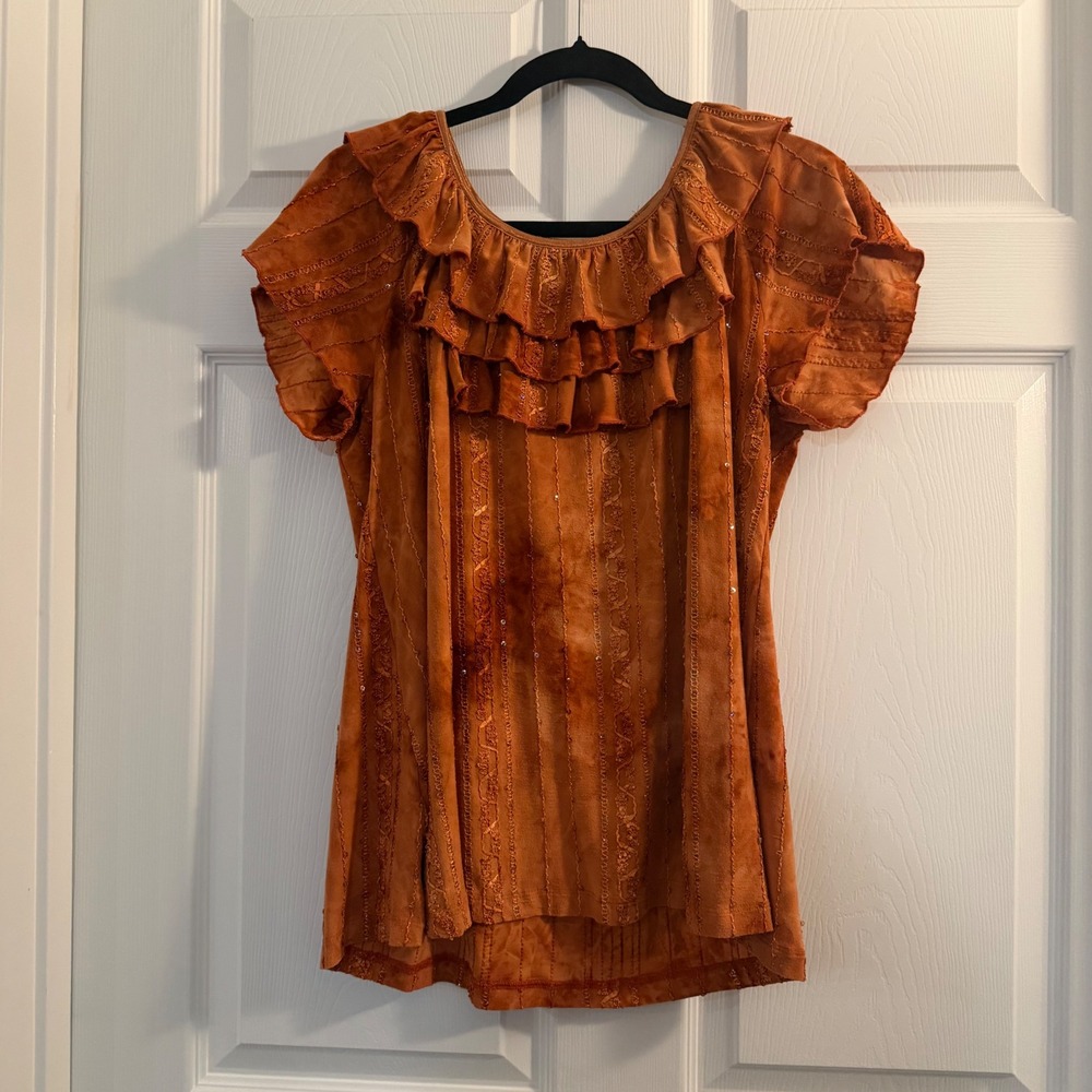 Sami & Jo Ruffle Neck Blouse Burnt Orange W Boho Sequin Festival Casual Top